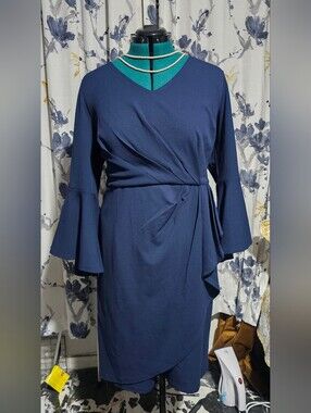 Navy Wrap-Style Midi Dress with Bell Sleeves